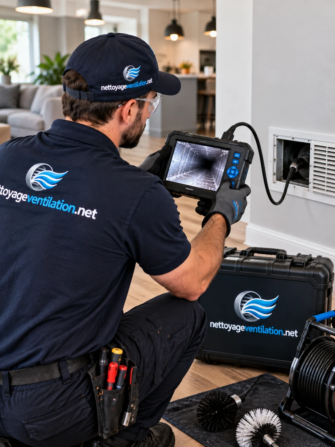 Technicien consultant l'écran d'une caméra d'inspection reliée à une grille de retour d'air dans une résidence